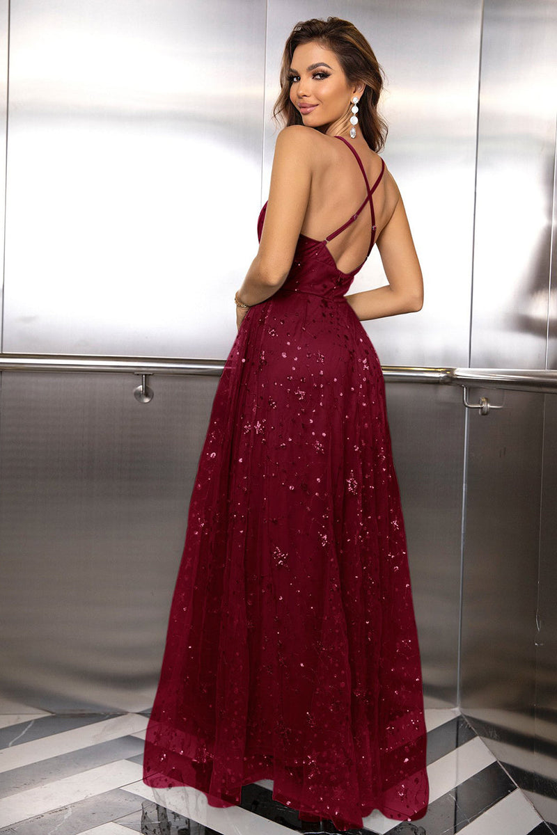 Zapaka Women Burgundy Formal Dress Spaghetti Straps Open Back