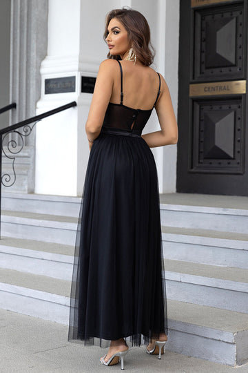 Black Spaghetti Straps A Line Tulle Open Back Long Formal Dress