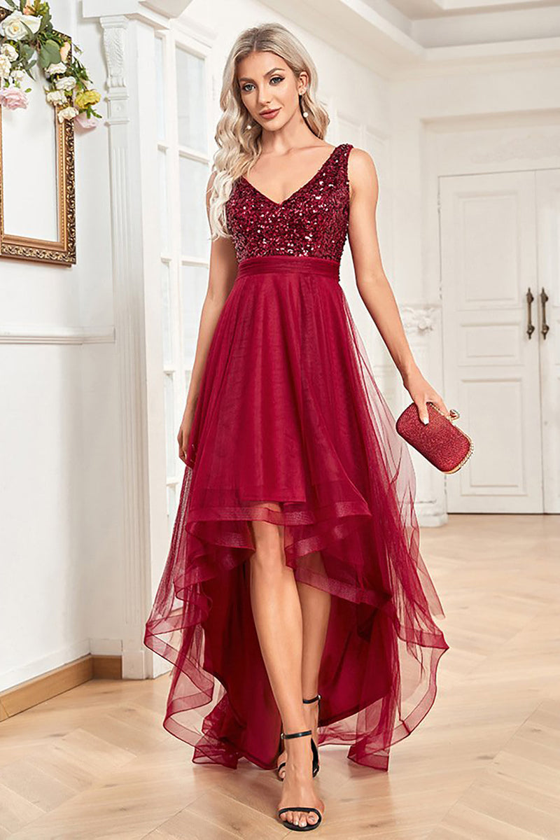 High Low Burgundy Sparkly Sequin V Neck Formal Dress