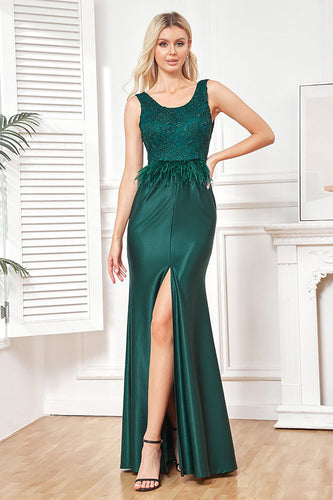 Dark Green Sleeveless Sheath Long Formal Dress With Appliques