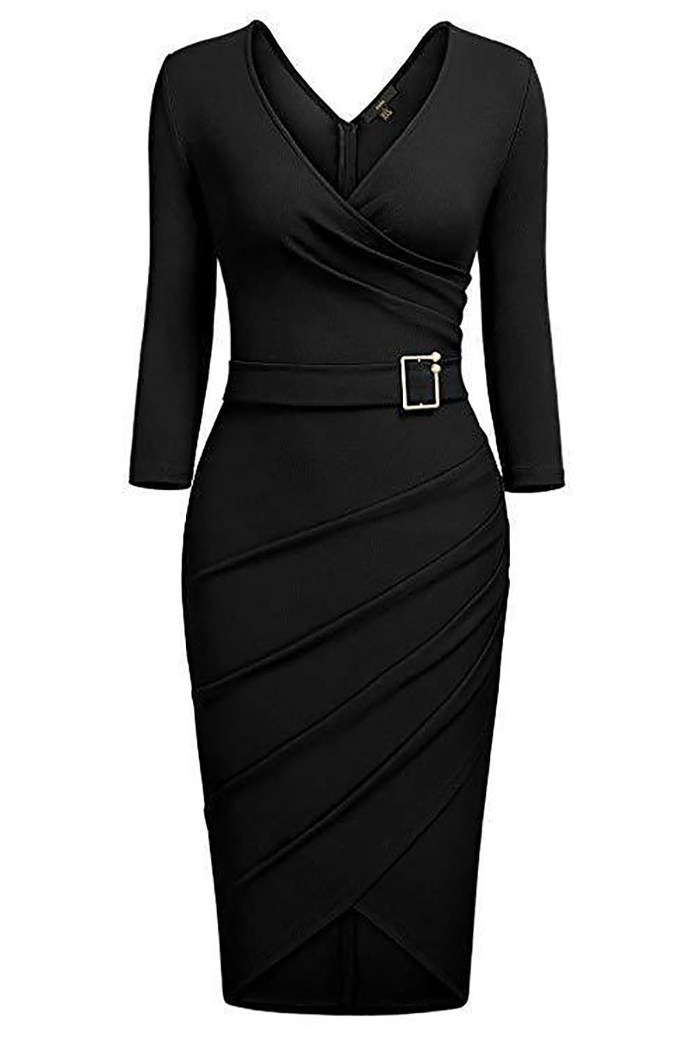 Black Bodycon Knee-Length 3/4 Sleeve Party Dress With Belt