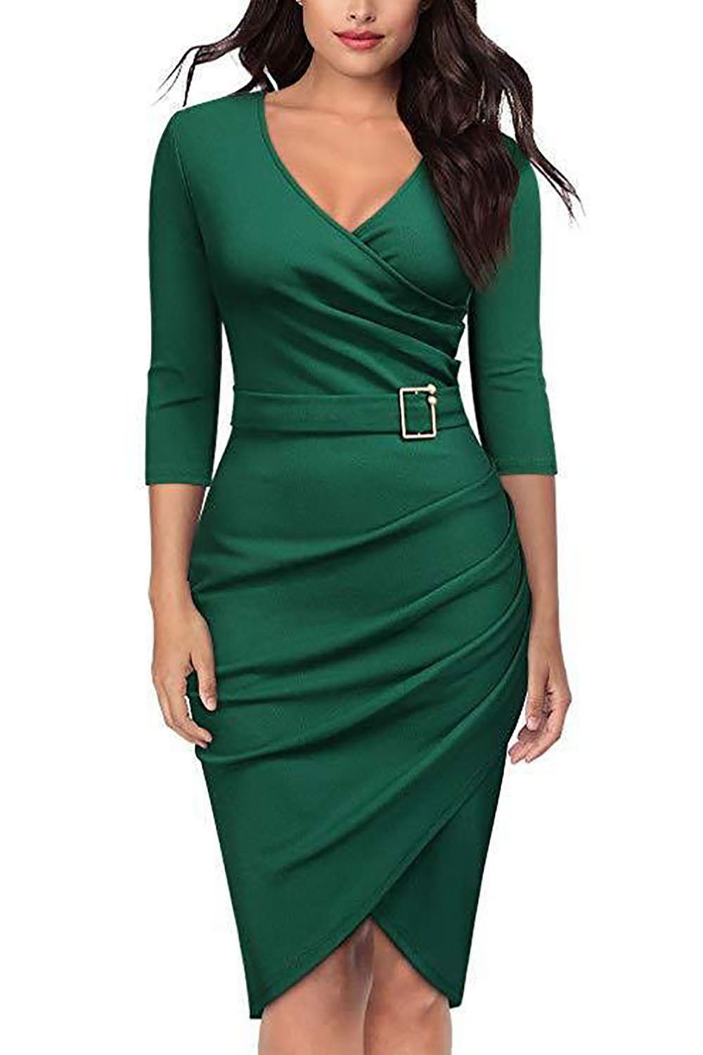 Black Bodycon Knee-Length 3/4 Sleeve Party Dress With Belt