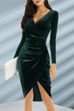 Bodycon V-Neck Wrap Hip Midi-length Cross Black Velvet Evening Dress