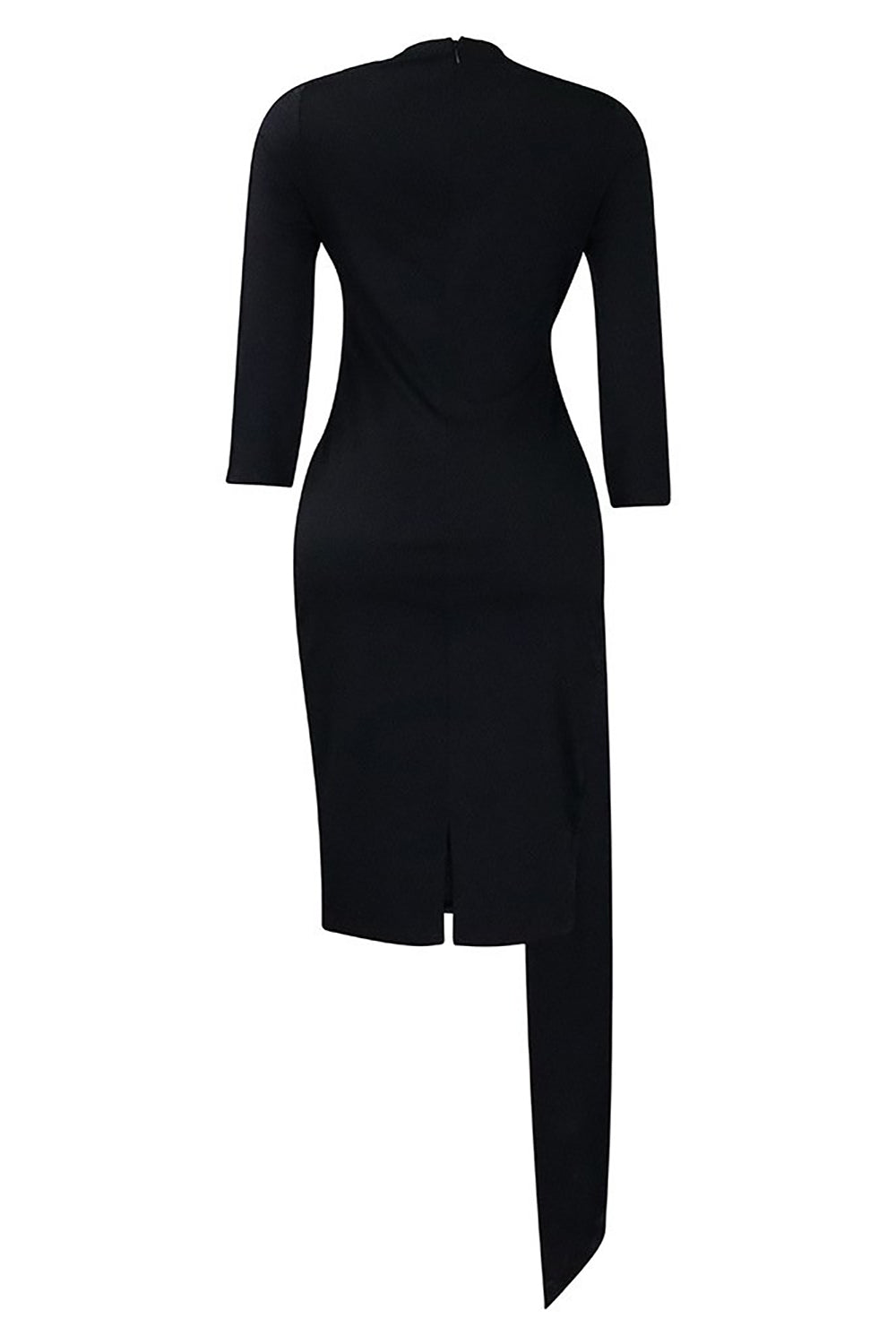 Black Bodycon Bateau Neck Pleated Knotted Work Dress With 3/4 Sleeves