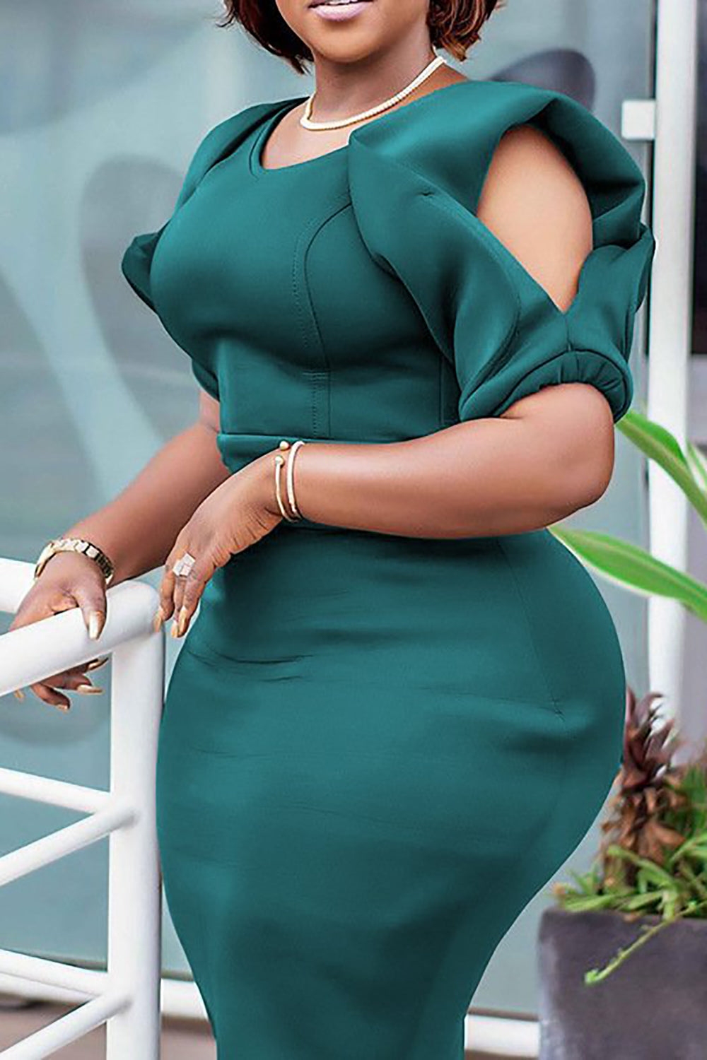 Bodycon Green Round Neck Cold Shoulder Work Dress