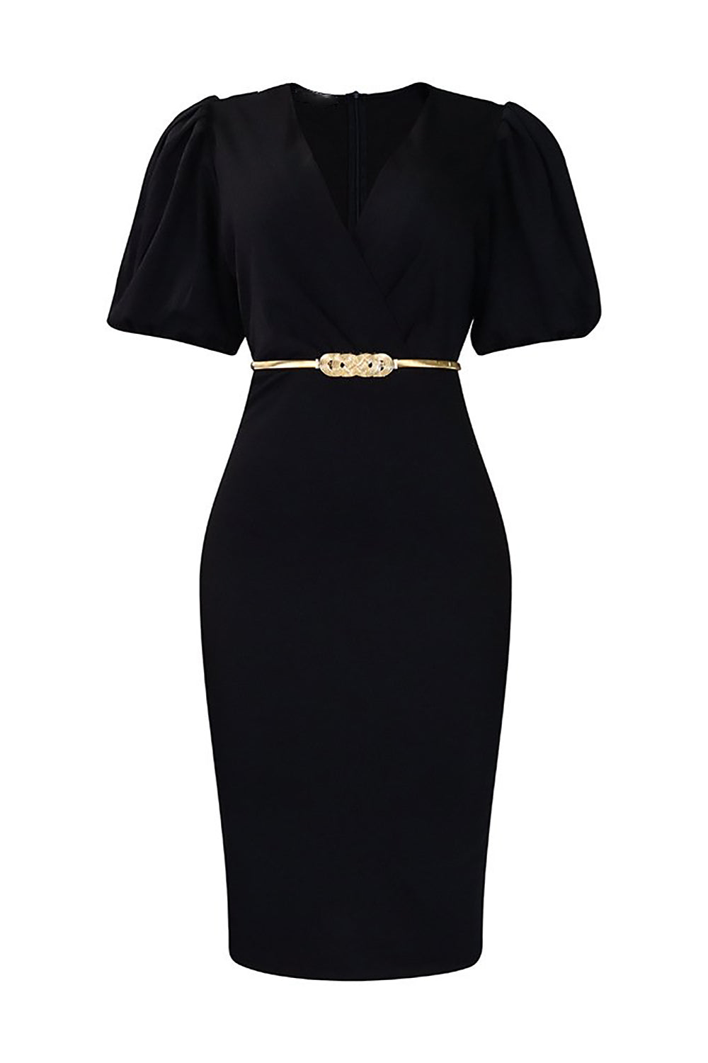 Bodycon Black V-Neck Work Dress With Puff Sleeves