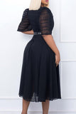 A Line Patchwork Beaded Black Work Dress With Belt
