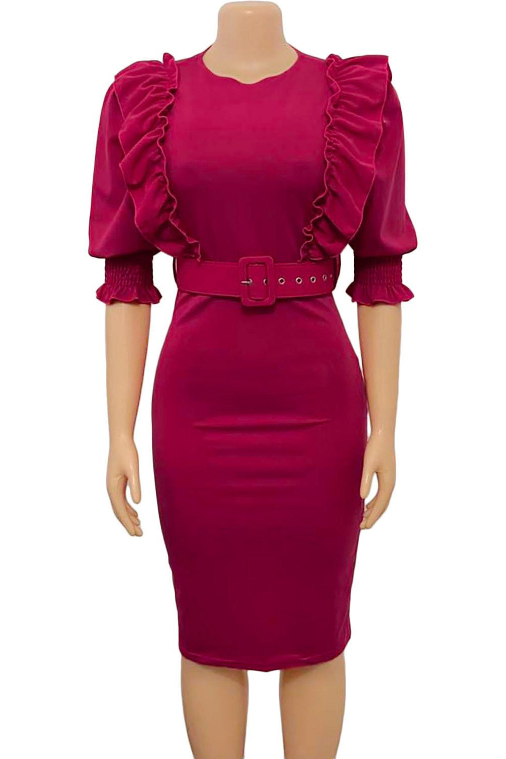 Bodycon Round Neck Fuchsia Work Dress With Puff Ruffle Sleeves