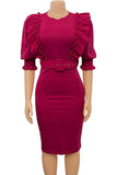 Bodycon Round Neck Fuchsia Work Dress With Puff Ruffle Sleeves