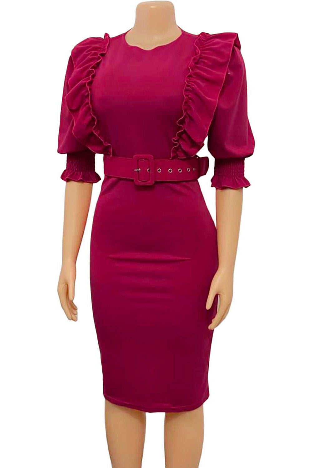 Bodycon Round Neck Fuchsia Work Dress With Puff Ruffle Sleeves