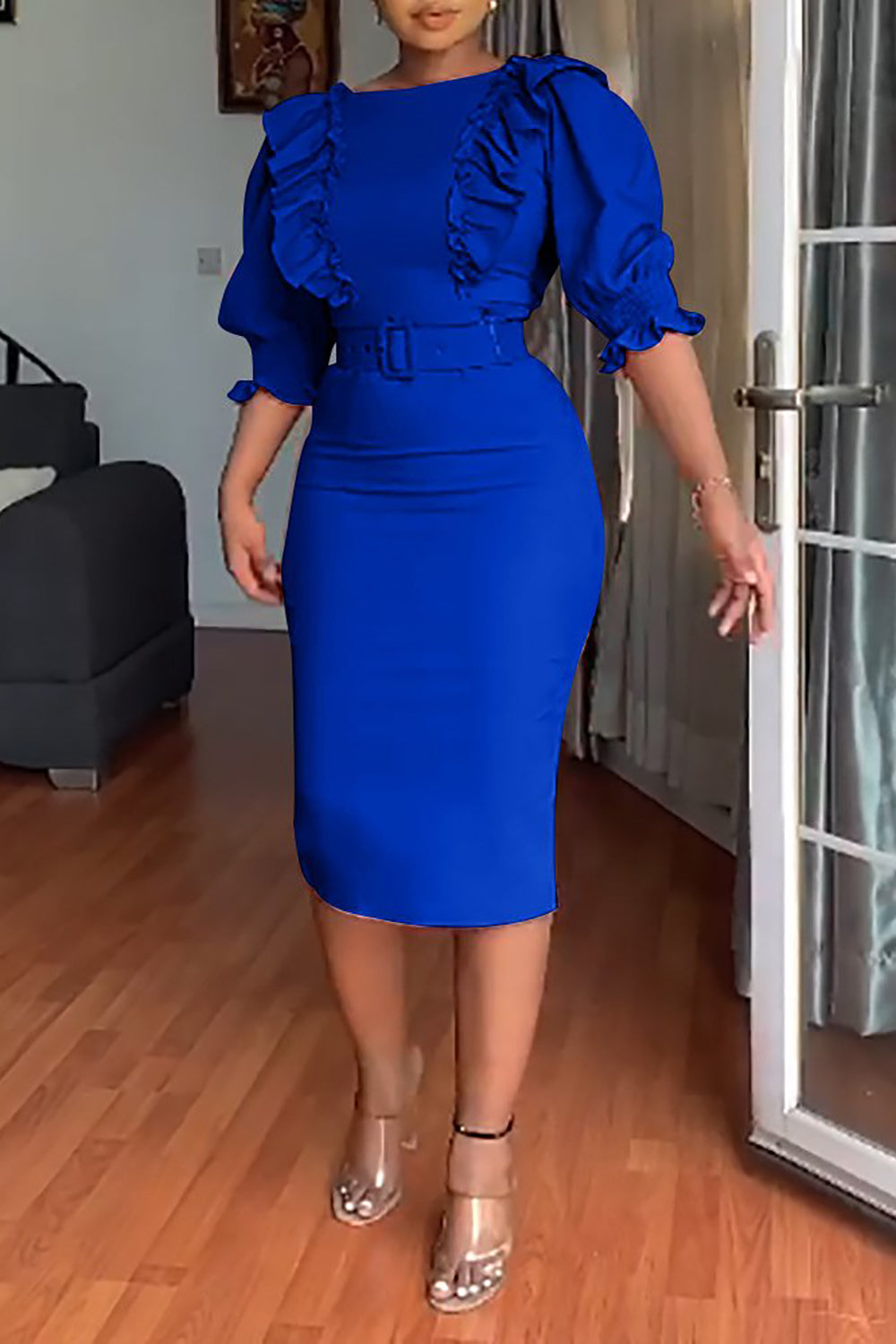 Bodycon Round Neck Fuchsia Work Dress With Puff Ruffle Sleeves