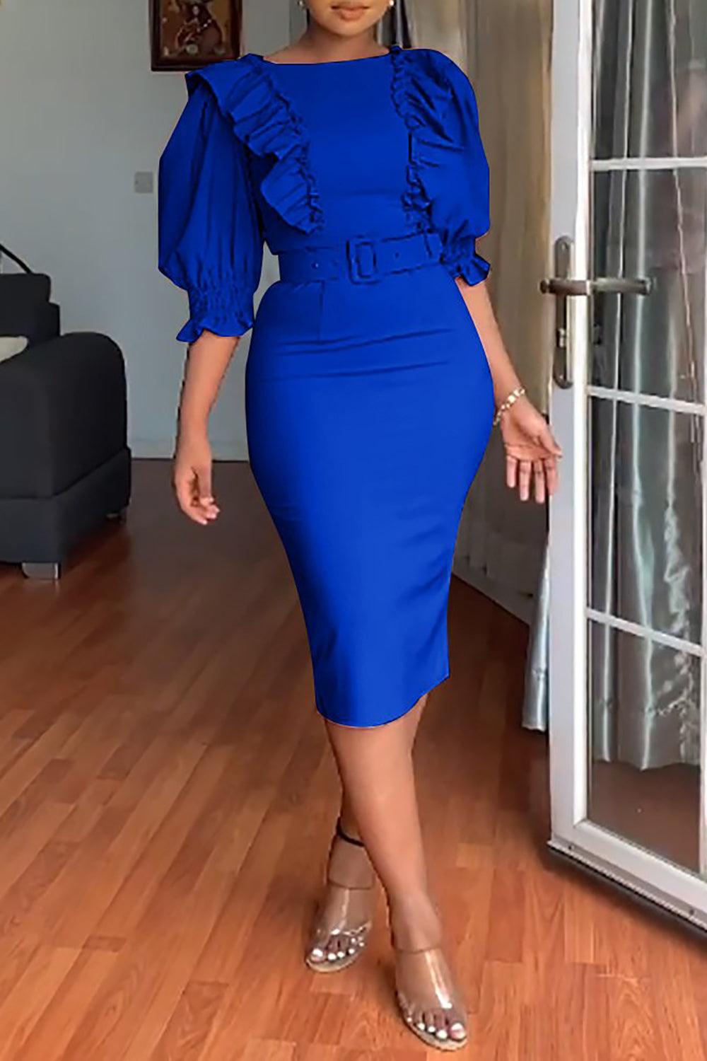 Bodycon Round Neck Fuchsia Work Dress With Puff Ruffle Sleeves