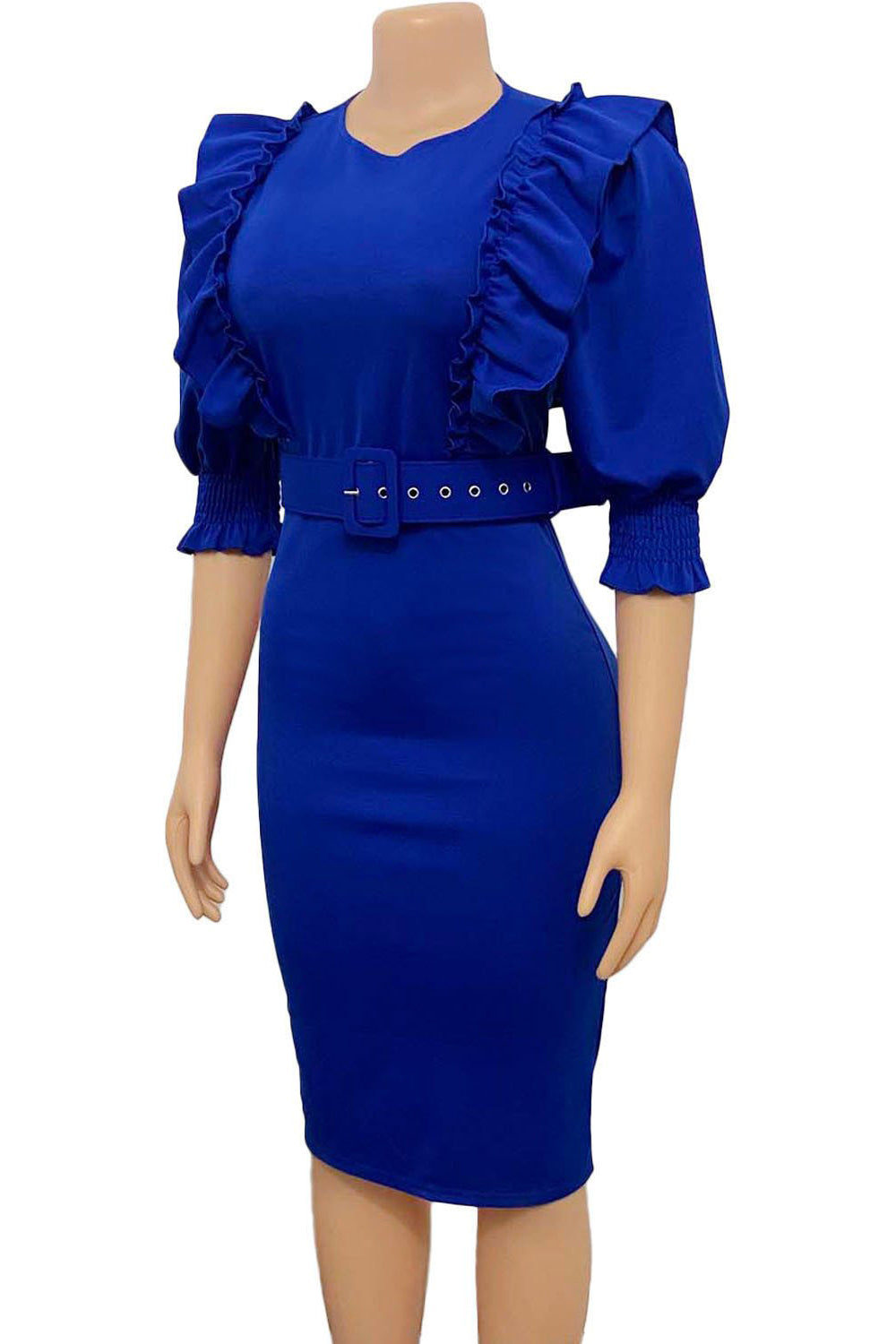 Bodycon Round Neck Fuchsia Work Dress With Puff Ruffle Sleeves