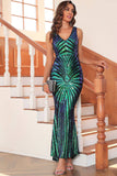 Black Sequin V-neck Sleeveless Mermaid Long Evening Party Dress