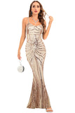 Black Sequin Spaghetti Strap Backless Bodycon Long Evening Dress
