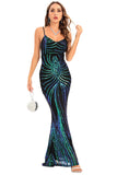 Black Sequin Spaghetti Strap Backless Bodycon Long Evening Dress