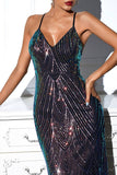Black Sequin Spaghetti Strap Backless V-Neck Long Formal Dress