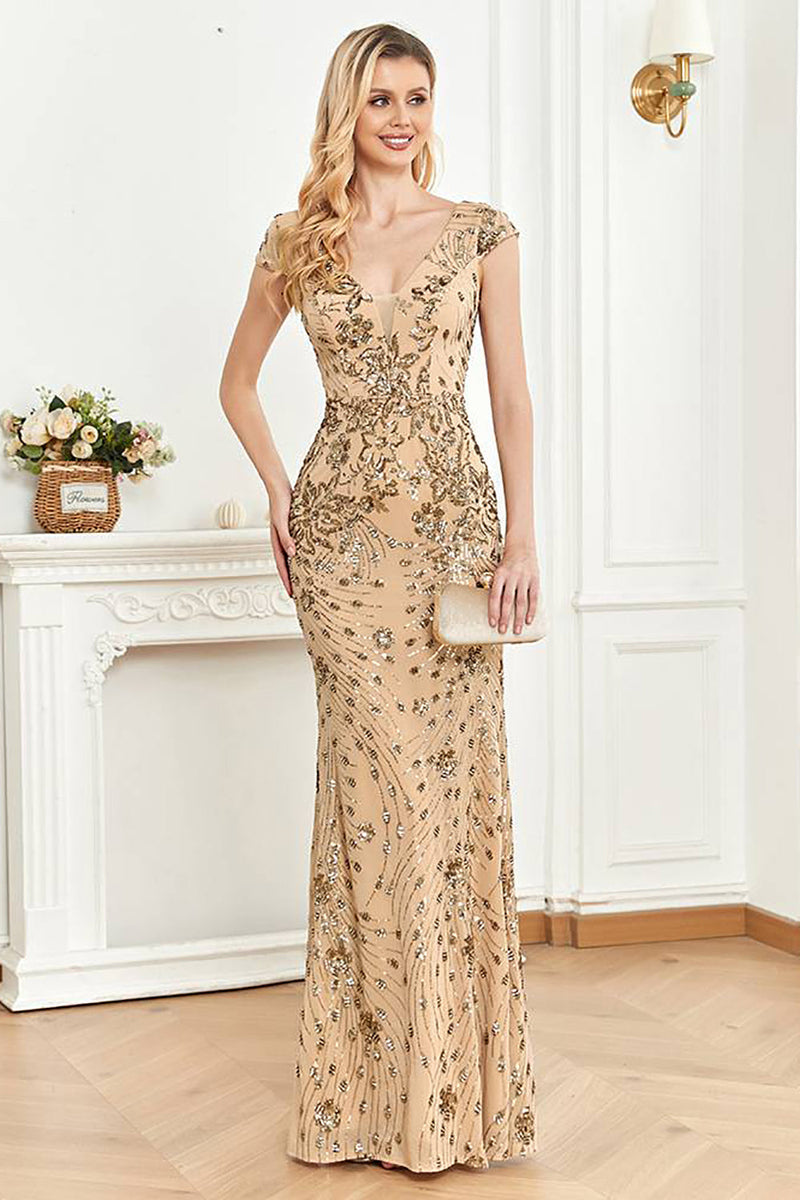 Beading Golden Sheath Formal Dress with V neck