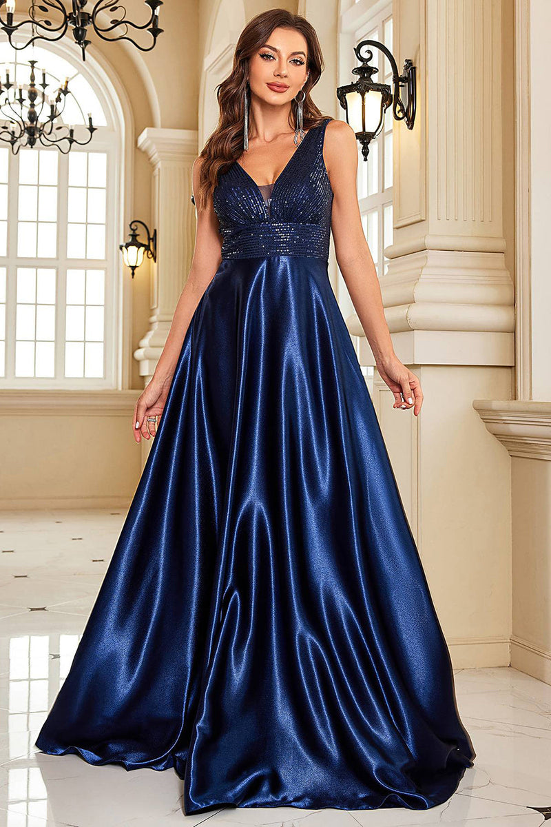 Navy Satin A Line Formal Dress with Sequins