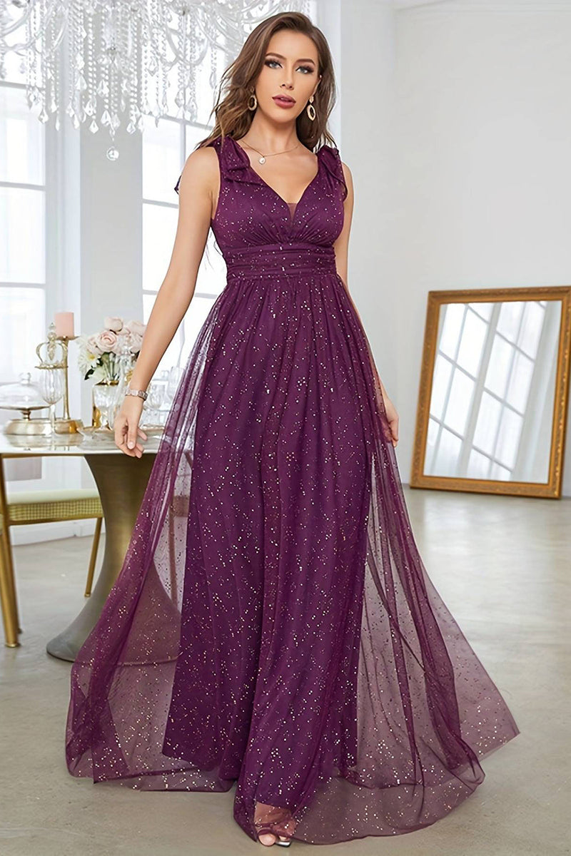 A Line V Neck Sequins Purple Formal Dress With Sleeveless