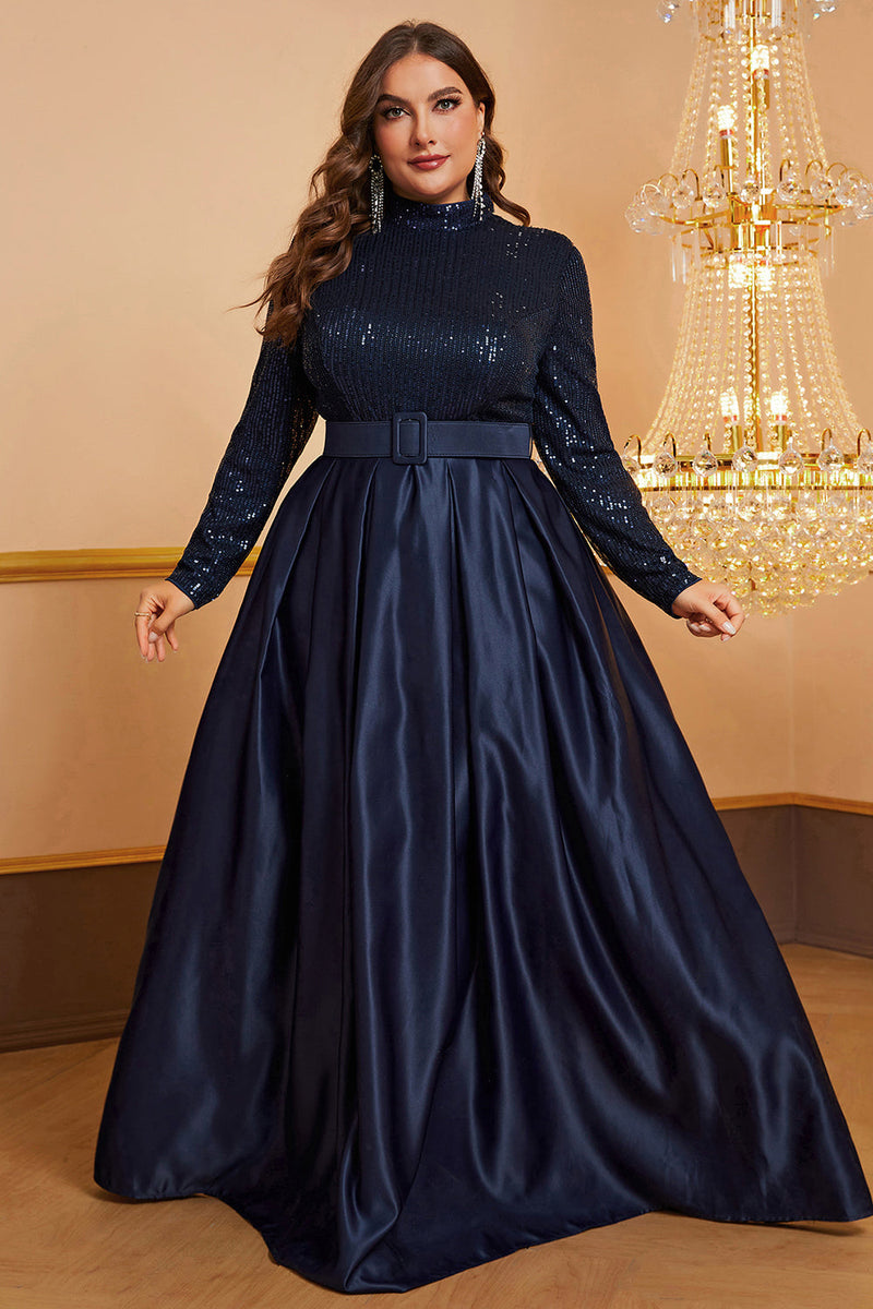 Navy A Line High Neck Long Sleeves Plus Size Formal Dress with Sequins