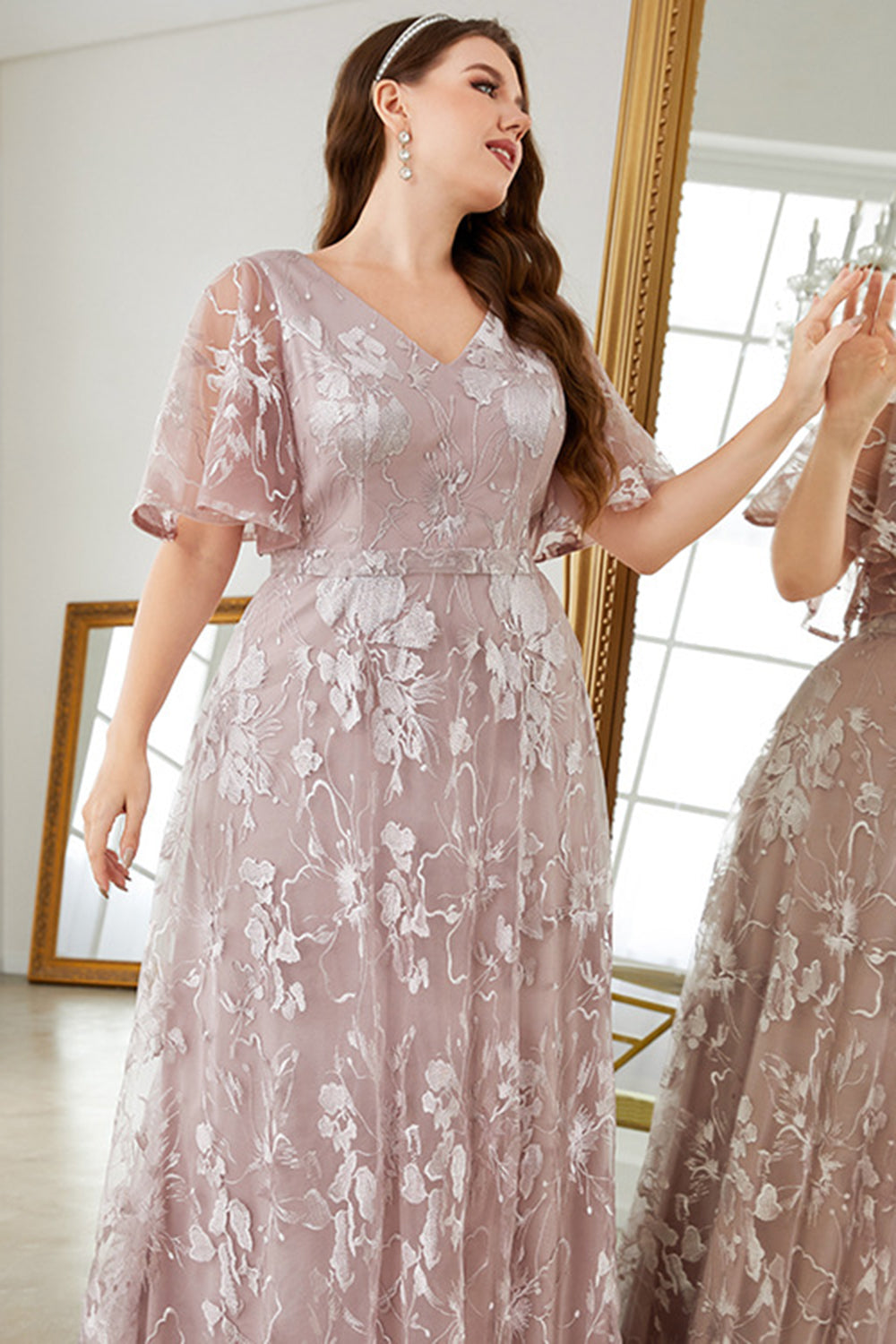 Grey Pink A-Line V-Neck Embroidered Plus Size Formal Dress