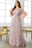 Grey Pink A-Line V-Neck Embroidered Plus Size Formal Dress