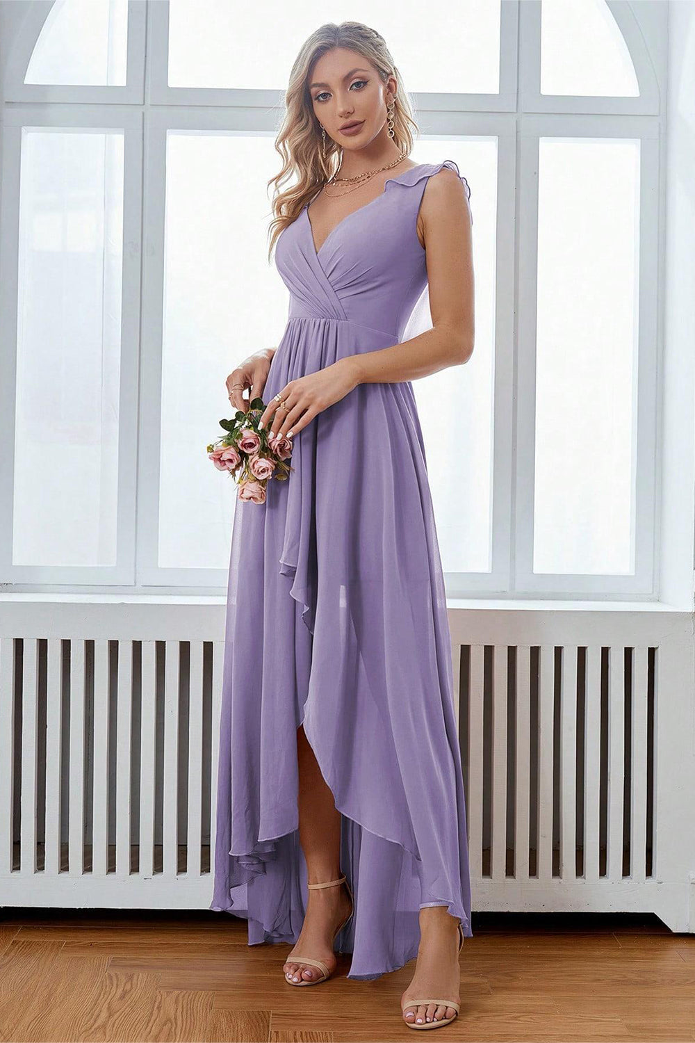 A-Line Burgundy V-Neck Chiffon High Low Formal Dress