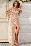 Champagne Sheath Sparkly Formal Dress with Slit