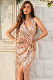 Champagne Sheath Sparkly Formal Dress with Slit