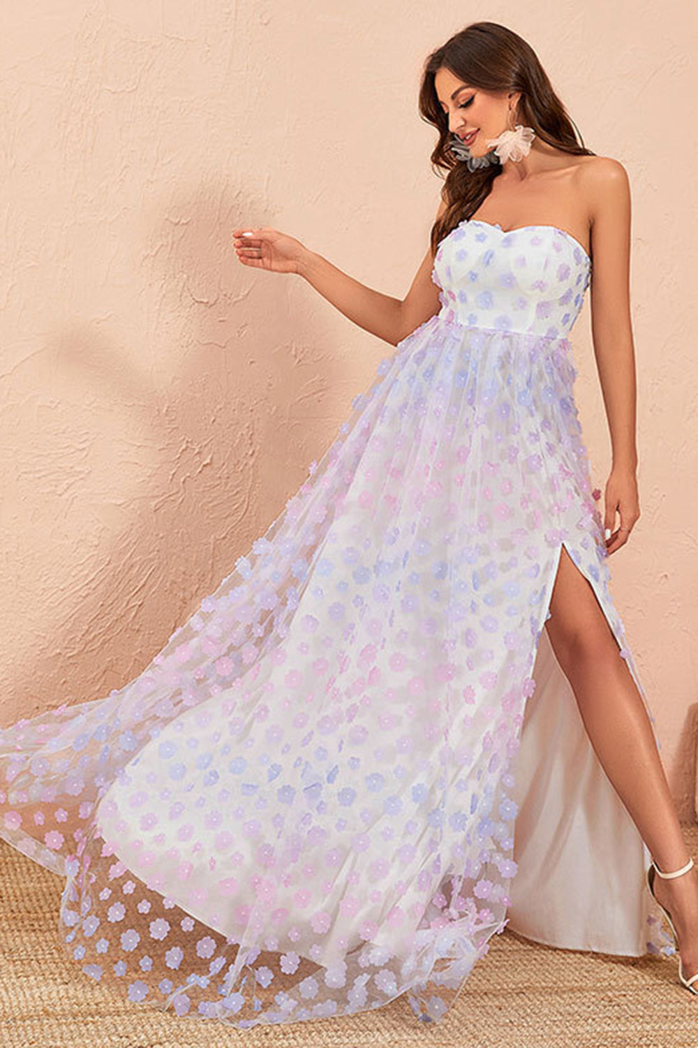 Strapless A Line Tulle Formal Dress with Floral