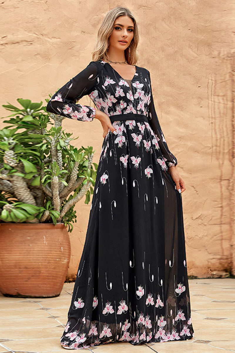 Black A Line V Neck Print Long Formal Dress With Long Sleeves