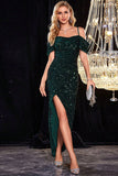 Sparkly Cold Shoudler Dark Green Sequins Formal Dress with Slit