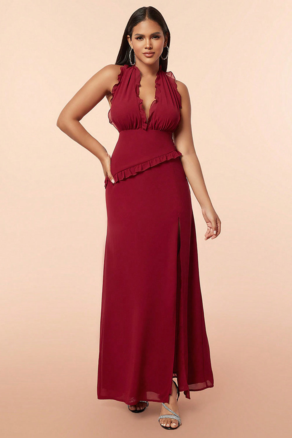 Burgundy Halter Ruffles Formal Dress with Slit