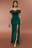 Dark Green Off the Shoulder Sparkly Formal Dress with Slit