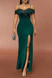 Dark Green Off the Shoulder Sparkly Formal Dress with Slit