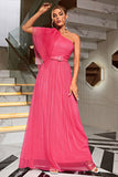 Coral One Shoulder Tulle Long Formal Dress with Belt