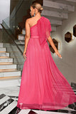 Coral One Shoulder Tulle Long Formal Dress with Belt