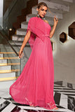 Coral One Shoulder Tulle Long Formal Dress with Belt