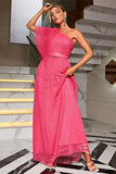 Coral One Shoulder Tulle Long Formal Dress with Belt