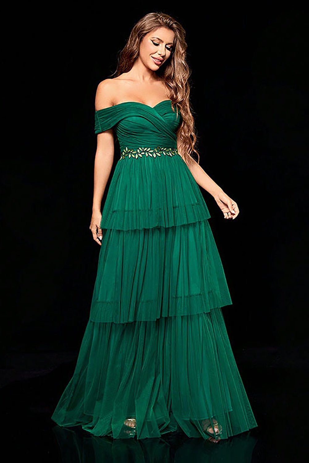 Off the Shoulder Dark Green Tiered Formal Dress with Ruffles