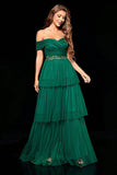 Off the Shoulder Dark Green Tiered Formal Dress with Ruffles