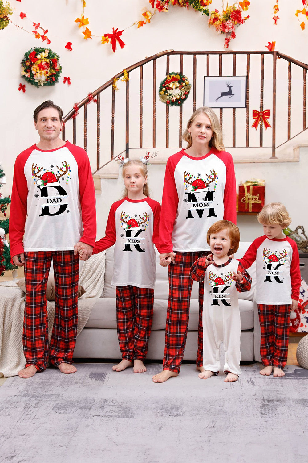 Red Print Christmas Family Matching Sleepwear Pajama Sets with Plaid