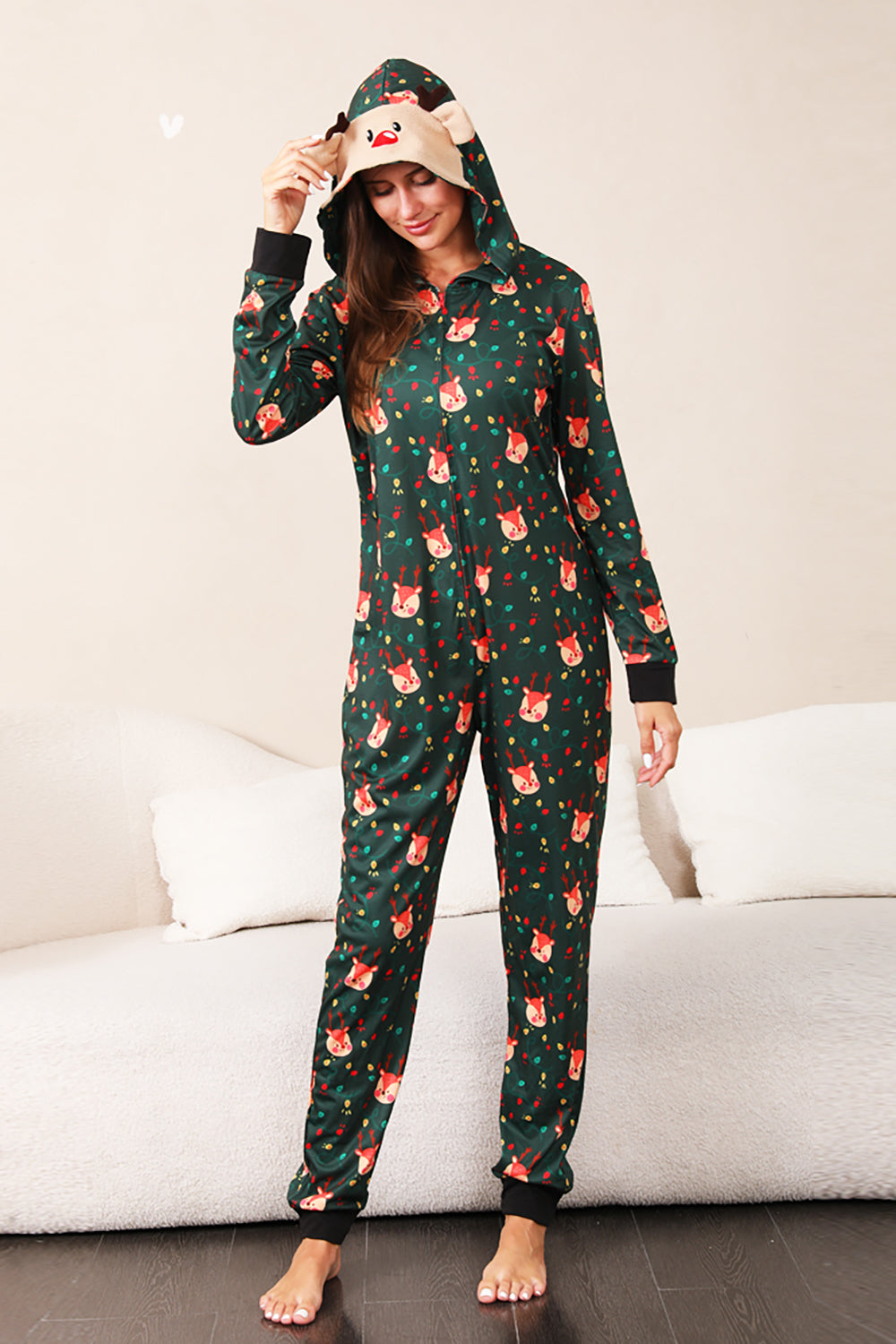 Dark Green Printed Family Christmas One Piece Pajamas