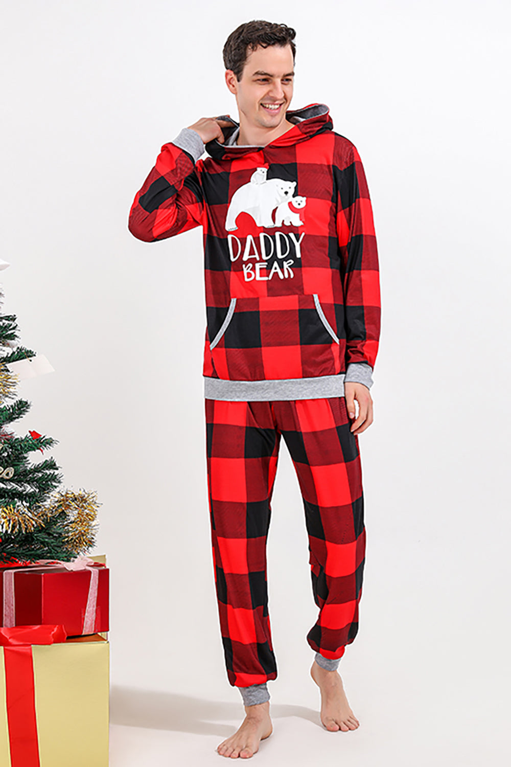Christmas Family Red Grid Bear Print Pajamas Set
