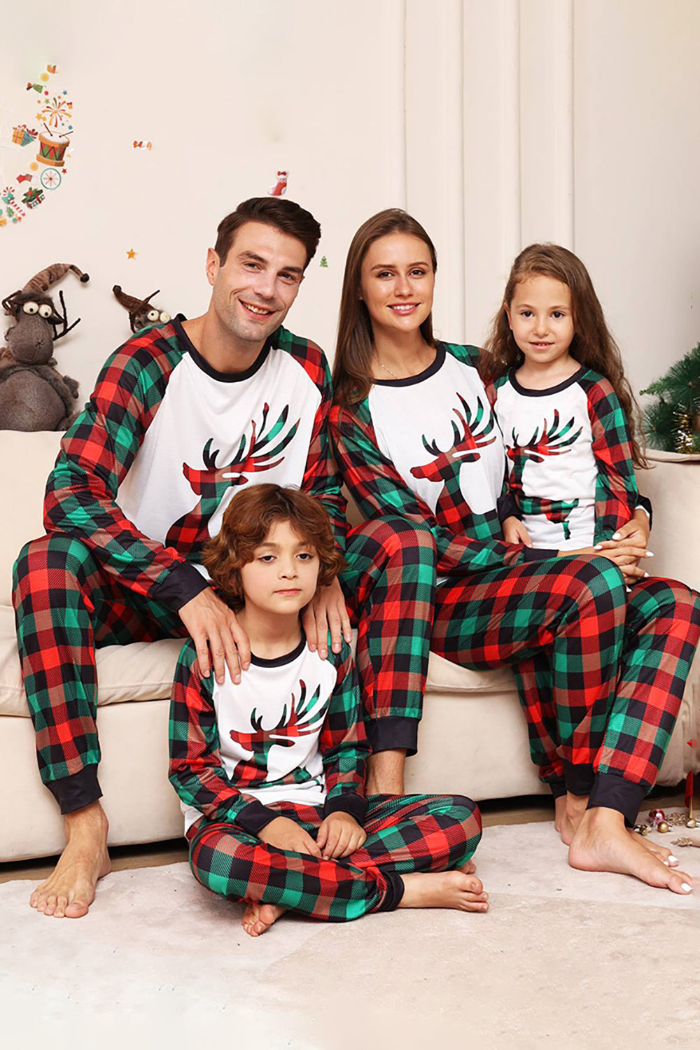 Green and Red Grid Deer Christmas Family Matching Pajamas Set