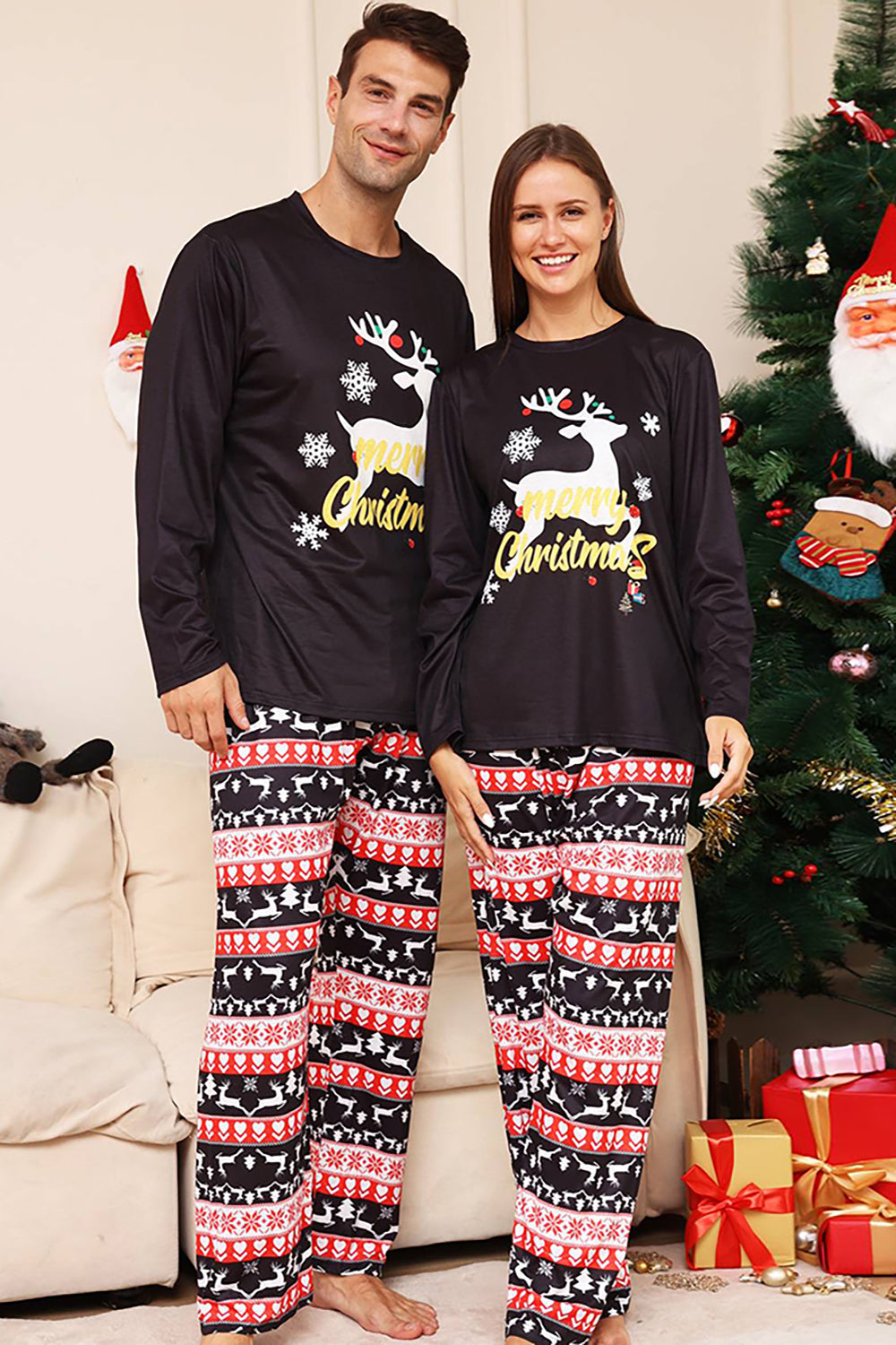Christmas Black Deer and Snowflake Family Matching Pajamas Set