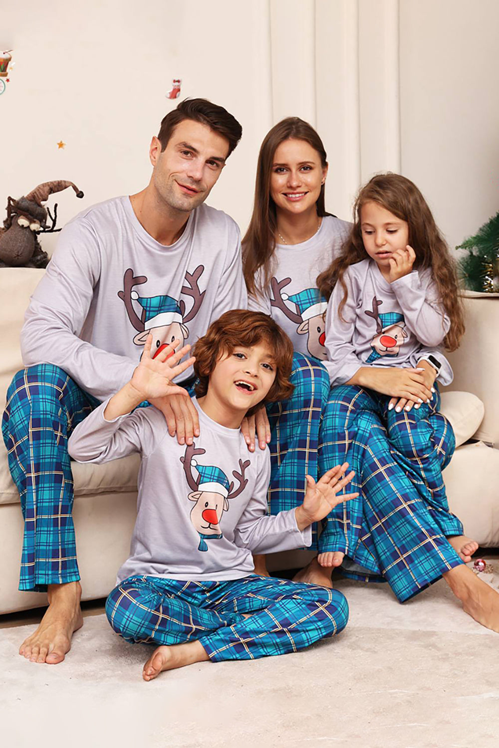 Grey Deer and Blue Plaid Christmas Family Matching Pajamas Set