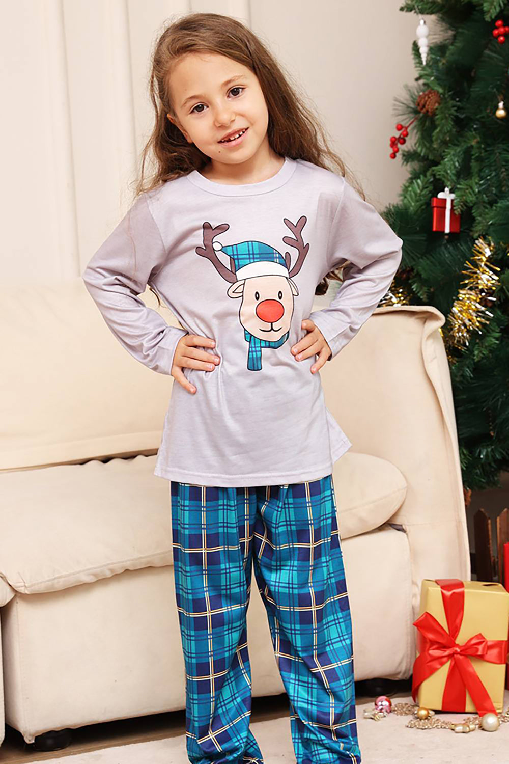 Grey Deer and Blue Plaid Christmas Family Matching Pajamas Set