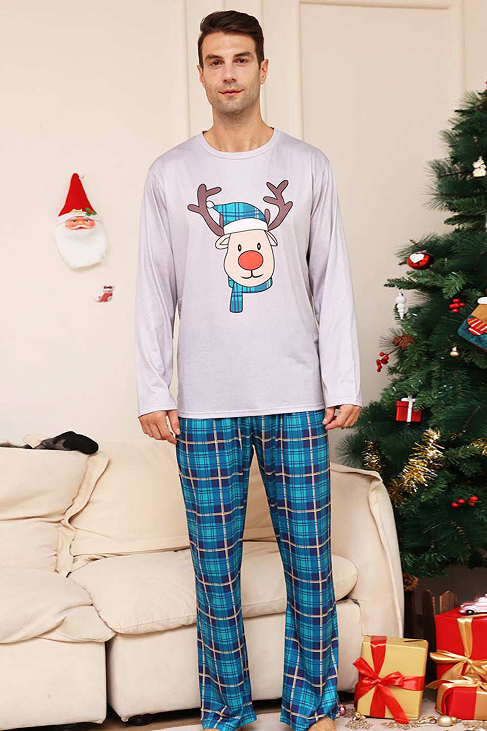 Grey Deer and Blue Plaid Christmas Family Matching Pajamas Set